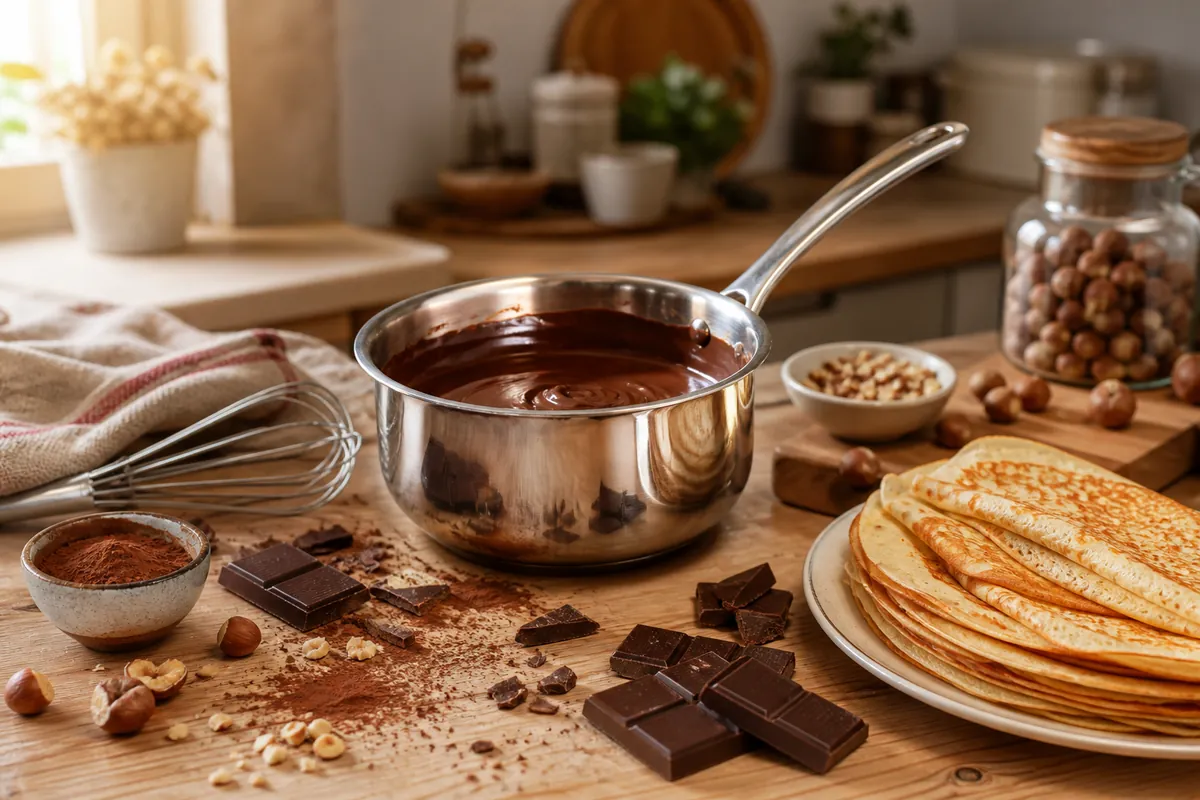 Chocolat fondu et ingrédients de pâtisserie sur un plan de travail