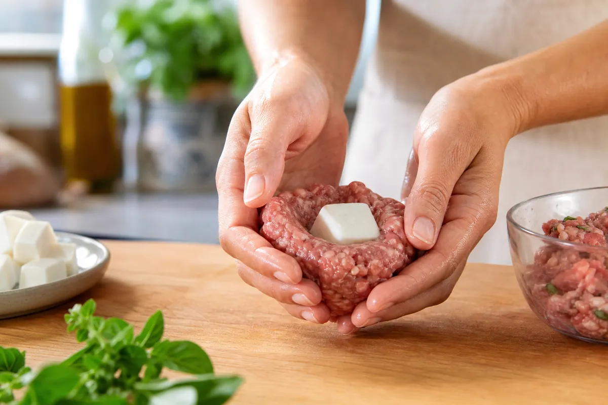 Façonnage de boulettes de viande autour de morceaux de mozzarella