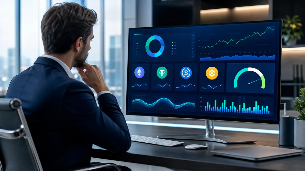 Investisseur analysant des actifs numériques sur un tableau de bord