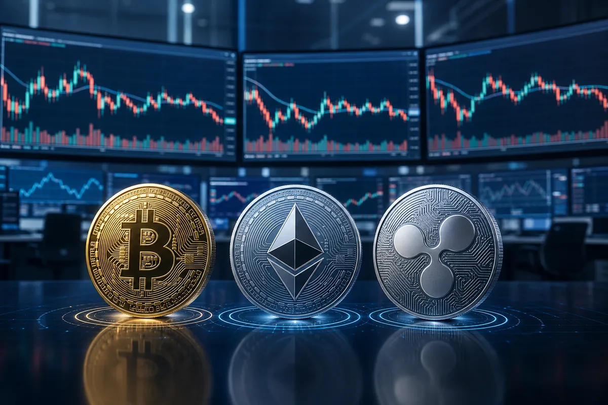 Bitcoin Ethereum et XRP devant des graphiques de marché en consolidation