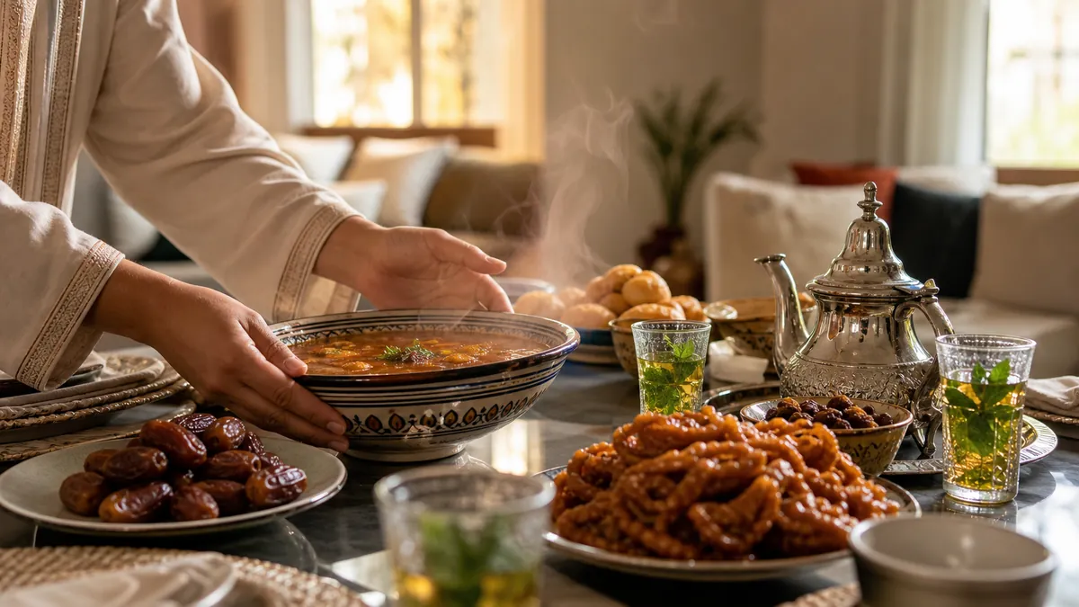 Personne dressant une table de ftour avec des plats marocains
