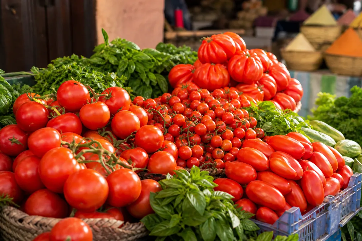 Tomates fraîches de différentes variétés sur un étal