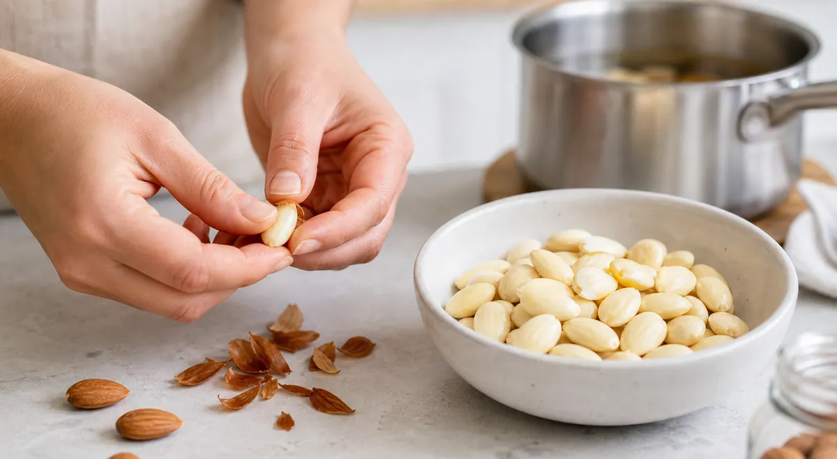 Mains retirant la peau des amandes blanchies
