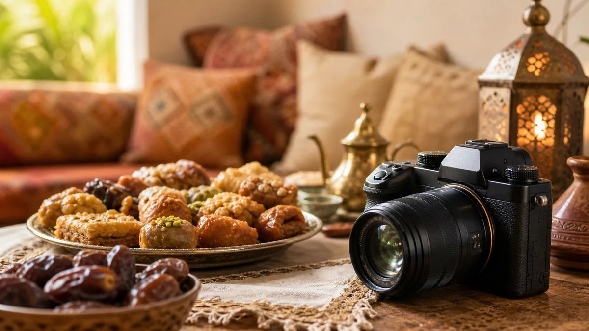 Appareil photo près de pâtisseries marocaines et de dattes