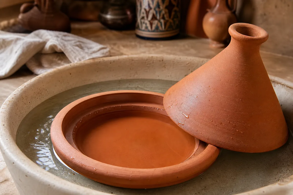 Tajine non vernissé trempé dans l’eau avant utilisation