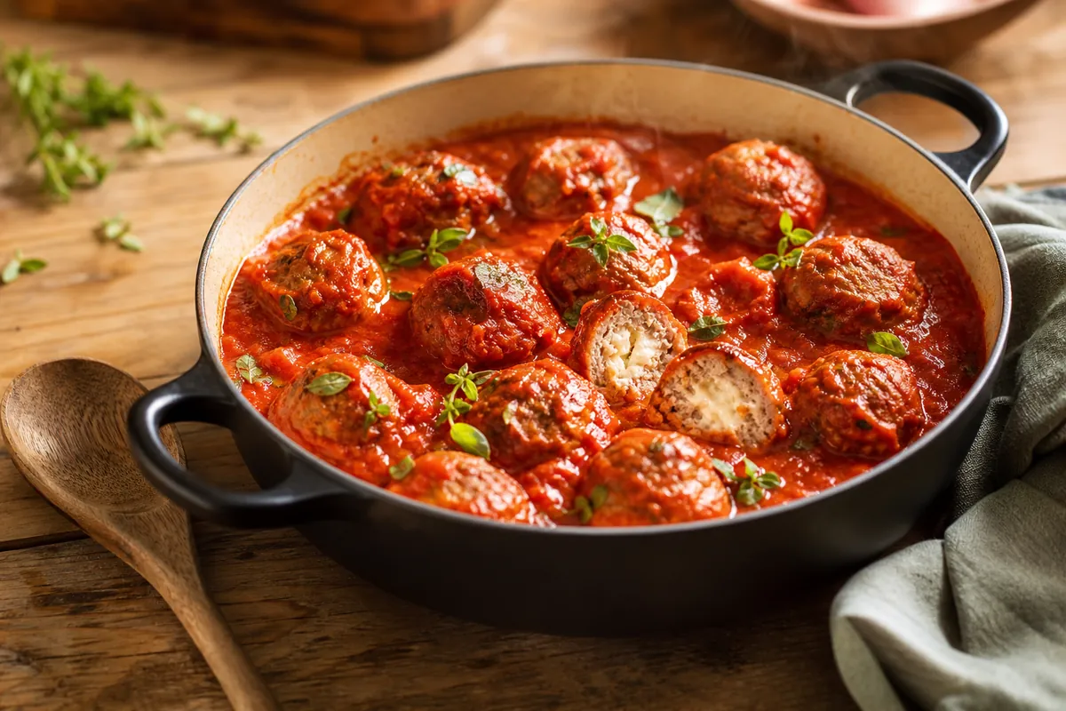 Boulettes farcies mijotant dans une sauce tomate