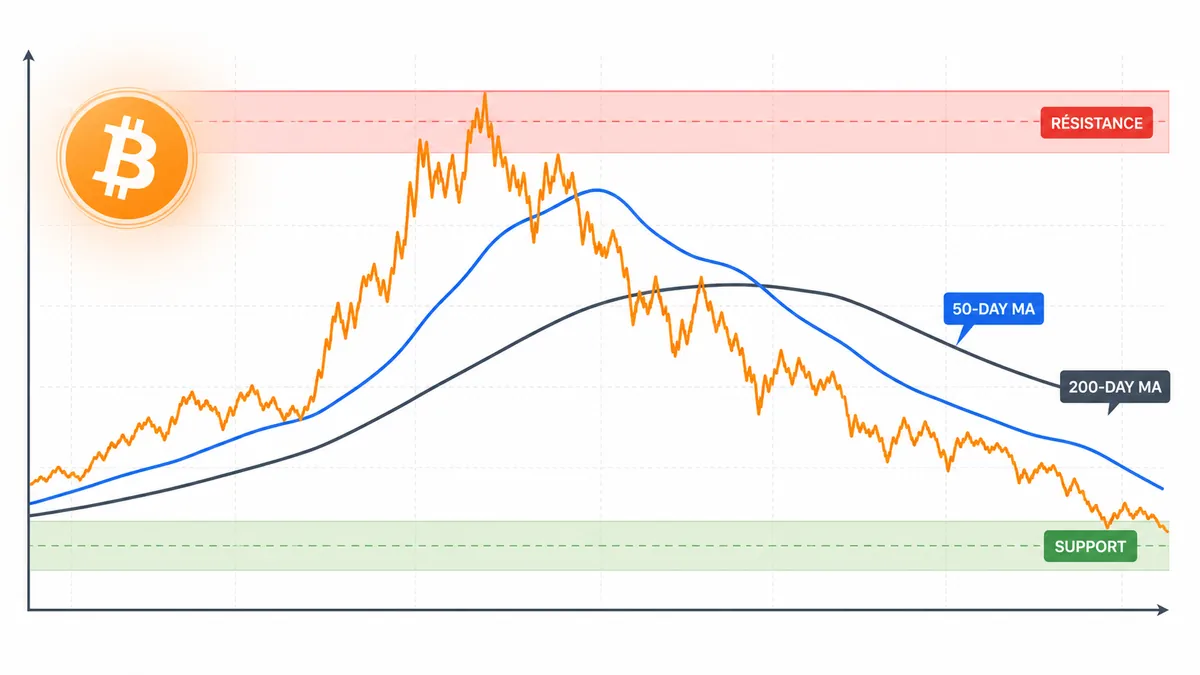 Graphique illustrant Bitcoin sous ses moyennes mobiles