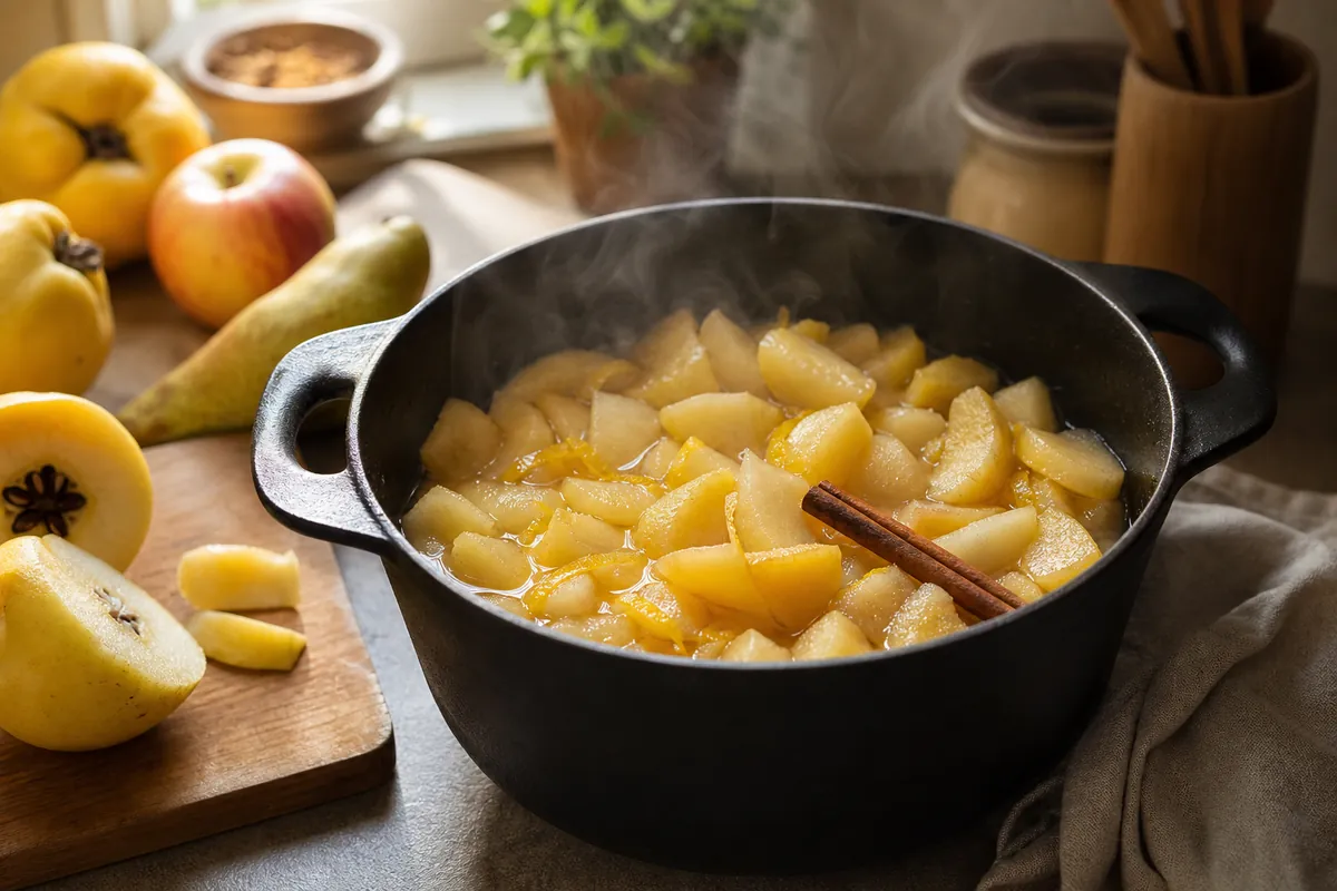 Pommes poires et coings en cuisson pour une compote