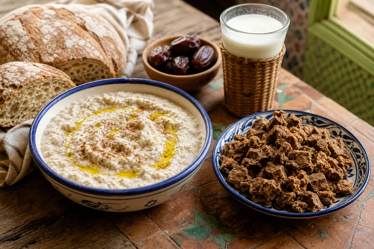 K’lila marocaine fraîche et sèche avec pain, dattes et lben