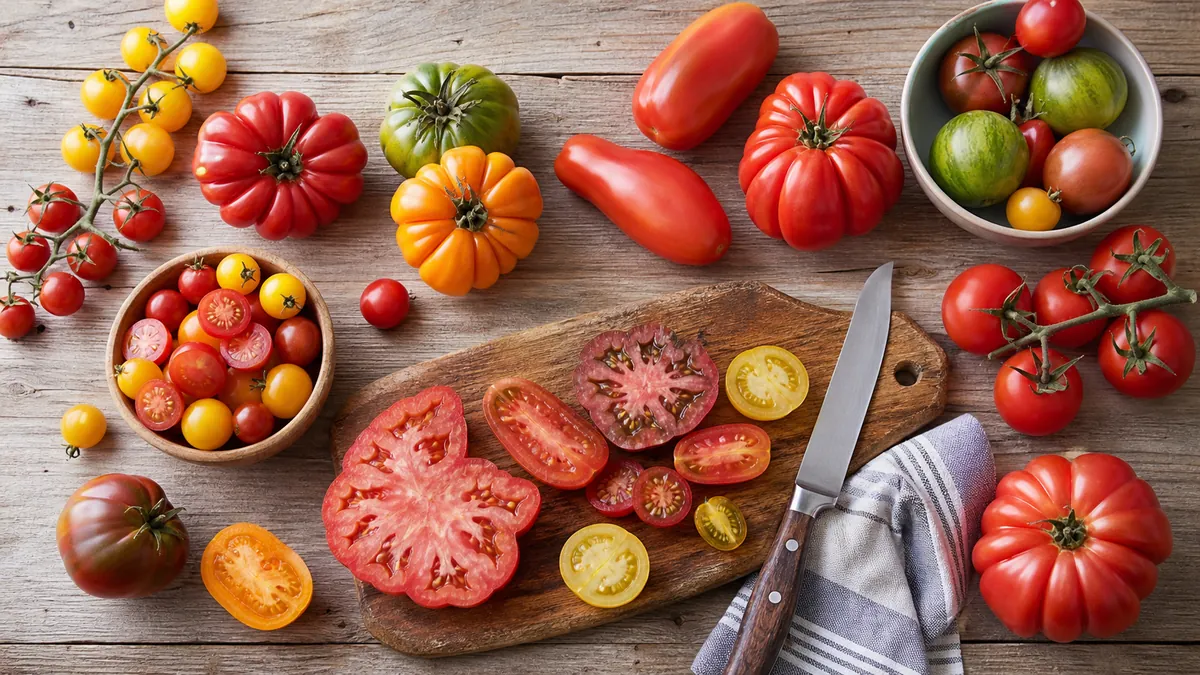 Différentes variétés de tomates sur une table de cuisine
