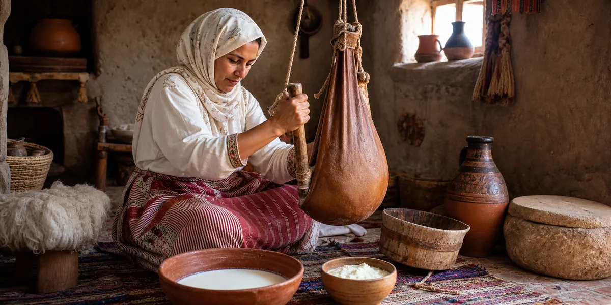 Barattage traditionnel du lait pour obtenir du lben