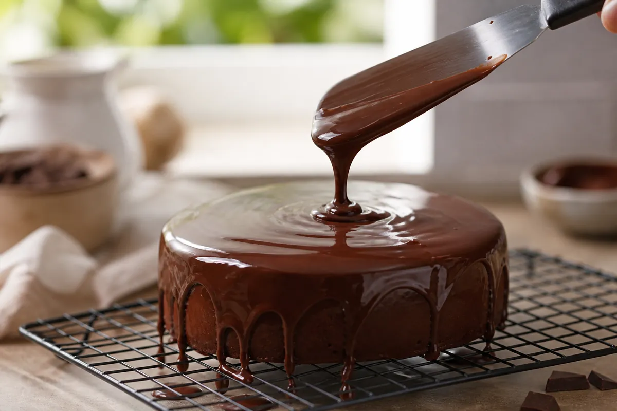 Glaçage au chocolat versé sur un gâteau