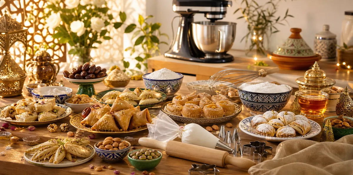 Table de cuisine festive avec pâtisseries et ustensiles