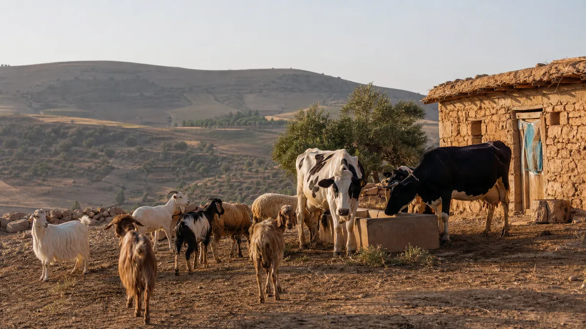 Animaux laitiers dans un paysage rural marocain