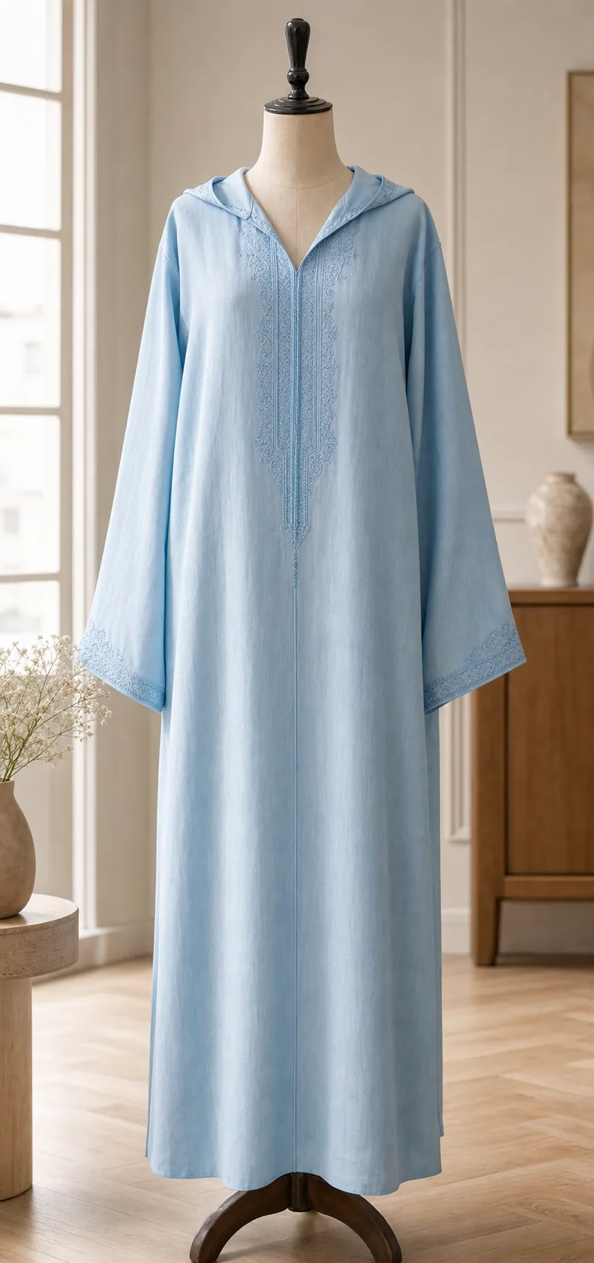 Djellaba bleue en lin brodé sur mannequin