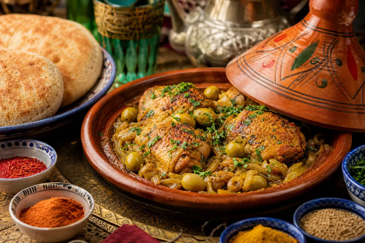 Tajine de poulet servi avec pain et épices