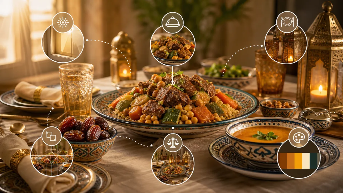 Éléments visuels d'une photo culinaire réussie pour Ramadan