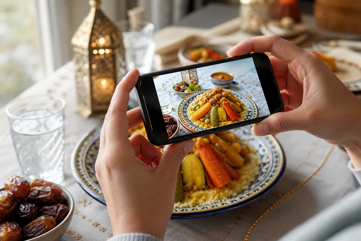 Une personne photographie une recette de Ramadan avec un smartphone