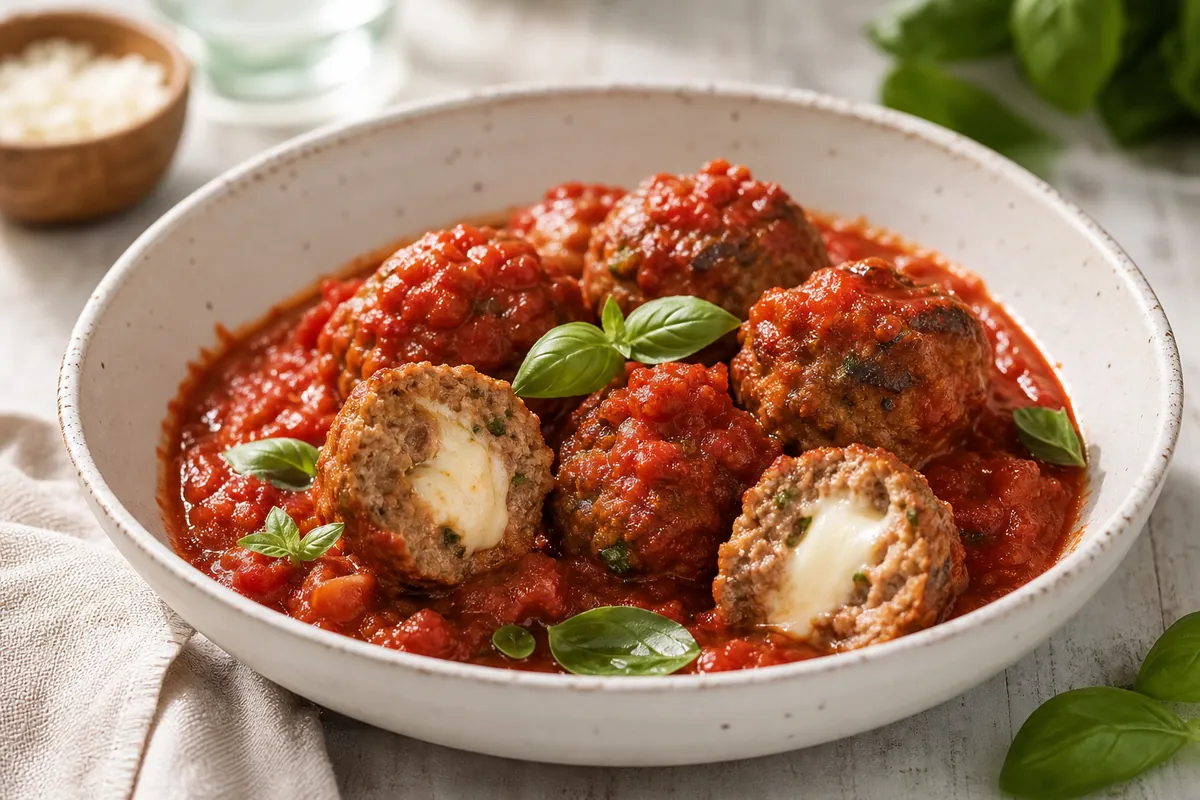 Boulettes de viande farcies à la mozzarella dans une sauce tomate