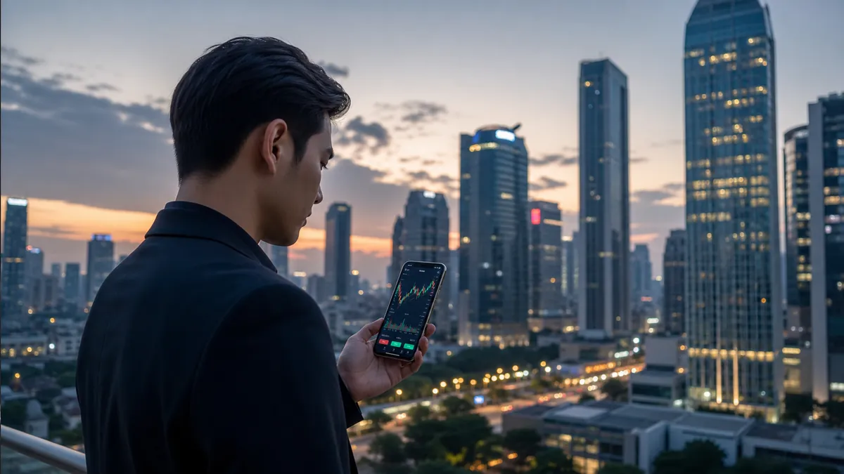 Une personne consulte une application crypto à Jakarta