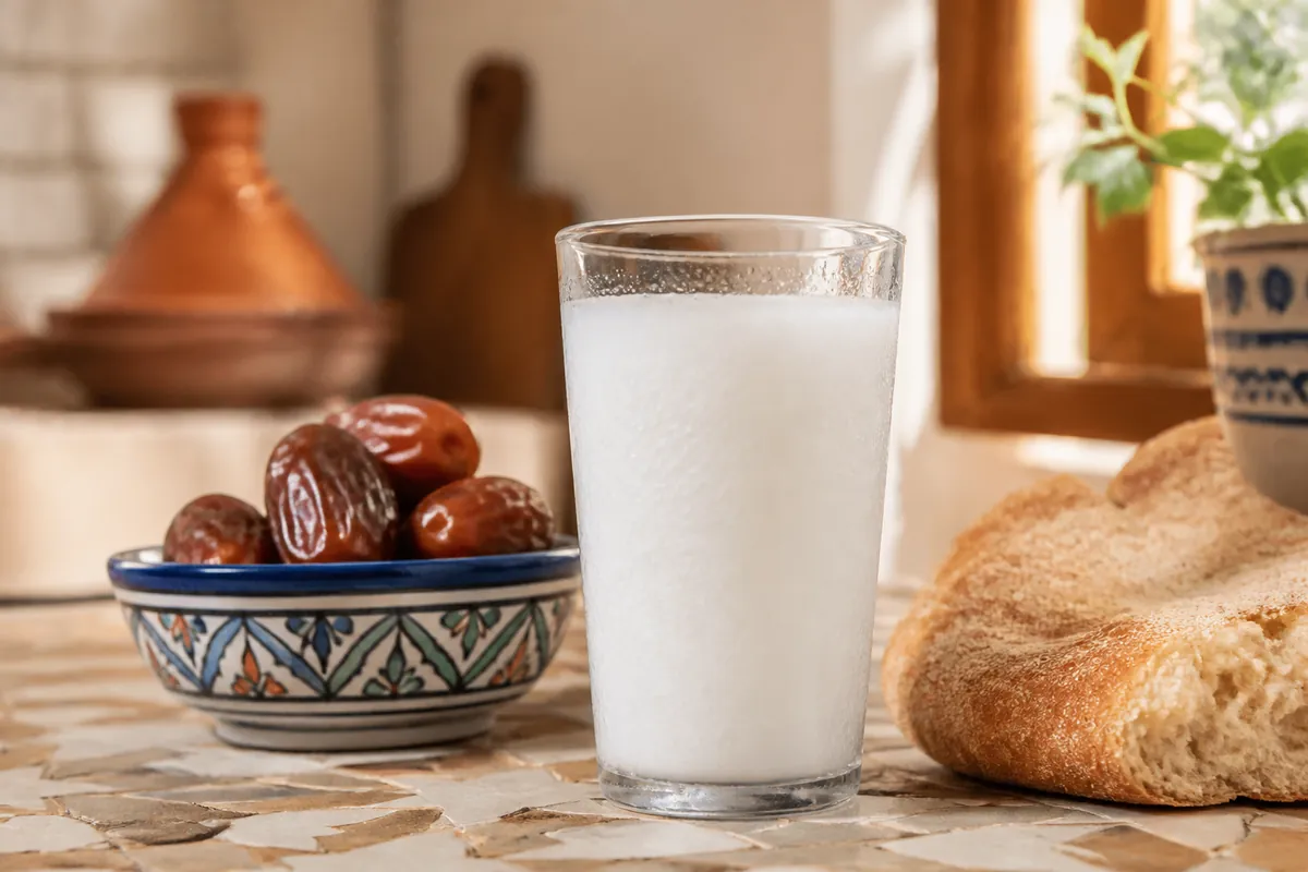 Verre de lben marocain servi avec des dattes