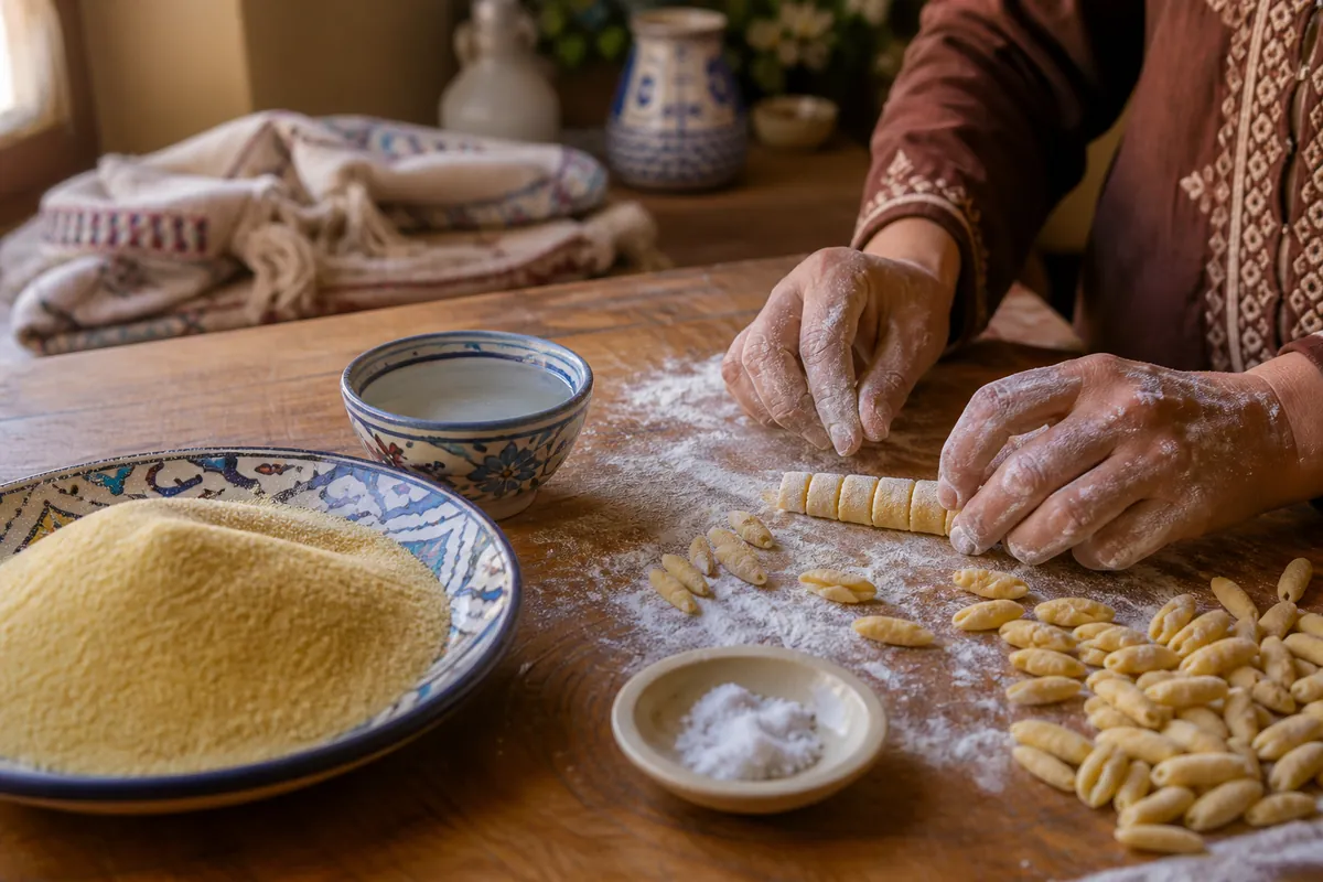 Pâtes marocaines artisanales sur une table de cuisine