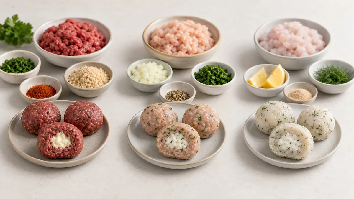 Trois variantes de boulettes farcies avec viande volaille et poisson