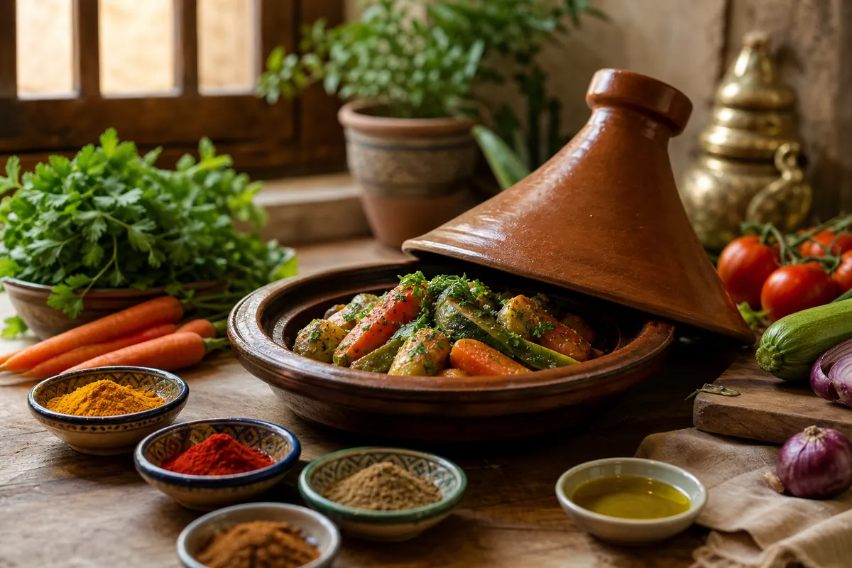 Tajine marocain en terre cuite avec légumes et épices