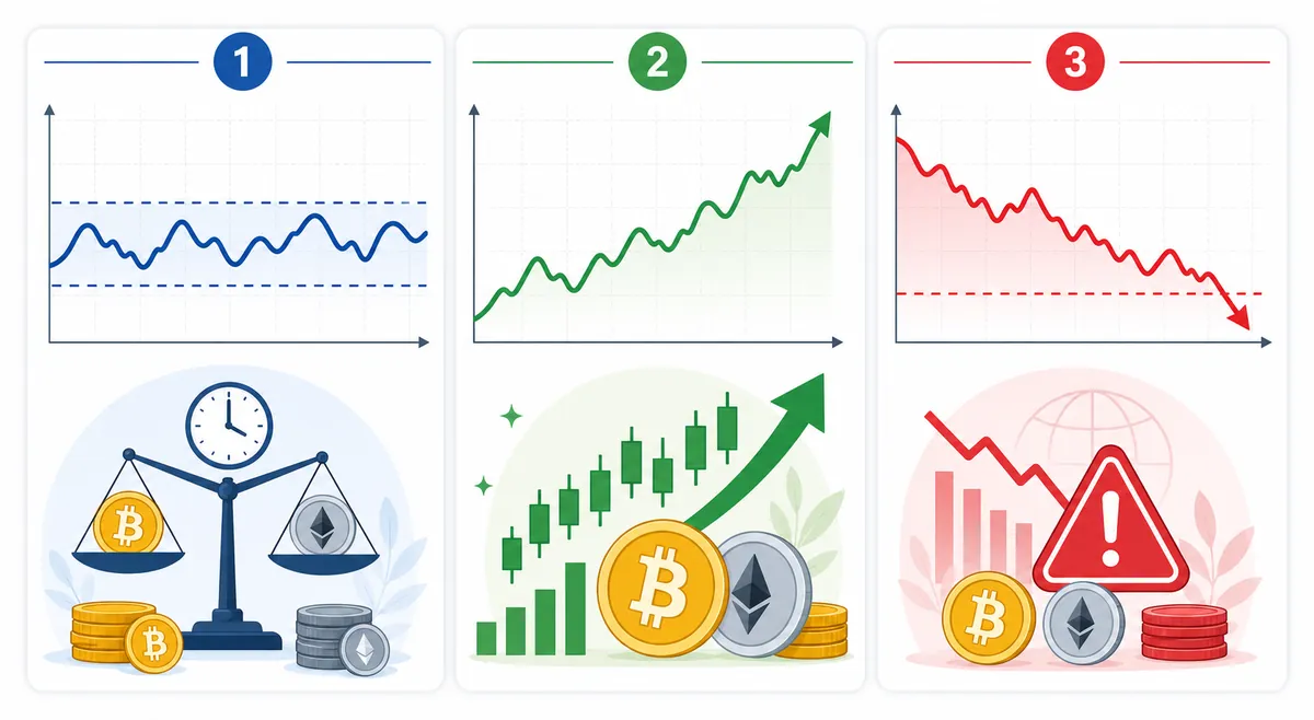 Infographie illustrant trois scénarios possibles pour le marché crypto